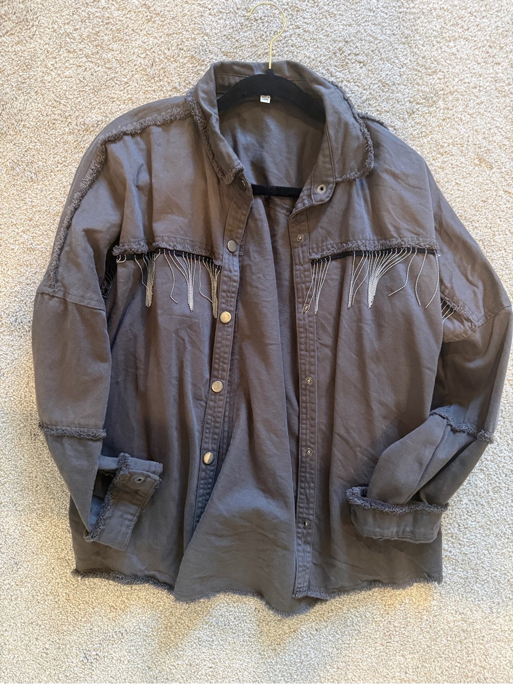 Womens Fringe-Trim Button Front Jacket in Charcoal, 100% COTTON